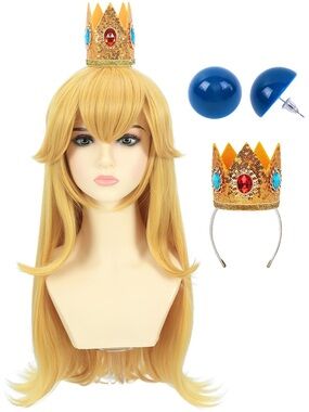 Princess Peach Wig Crown Earrings Adult Size Cosplay Halloween Super Mario
